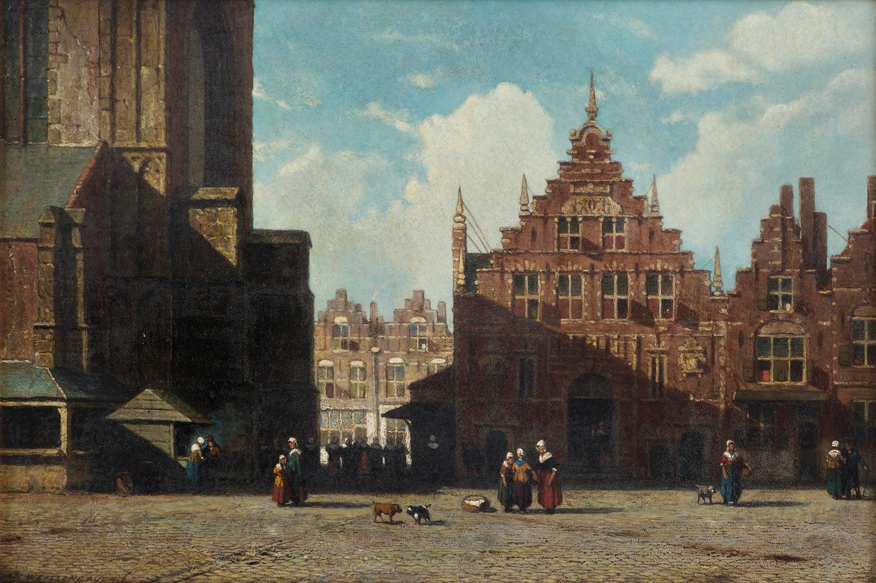 En solbelyst utsikt över Grote Markt med St. Bavo-kyrkan och Vleeshal, Haarlem (olja på panel) av Jan Weissenbruch