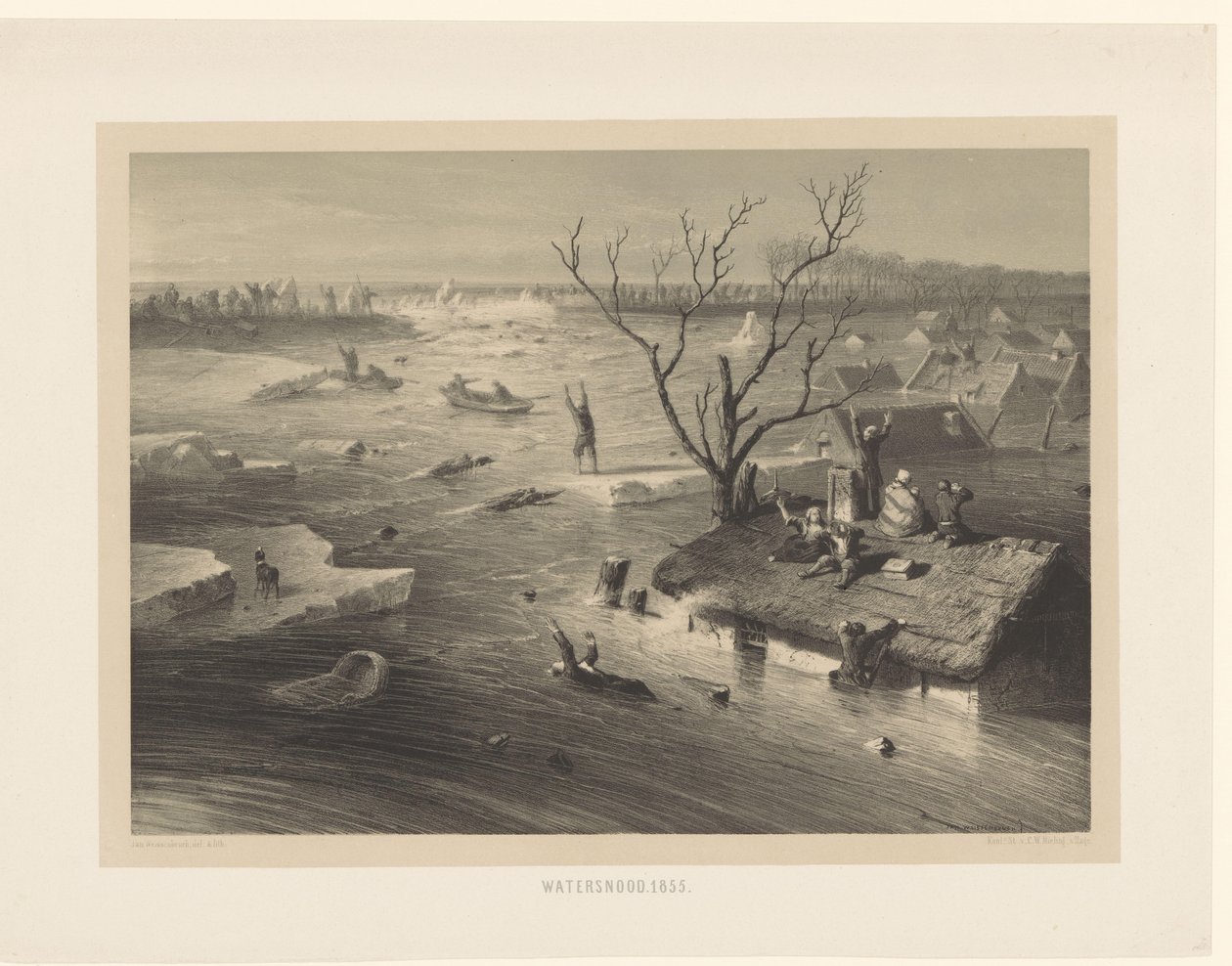Vallbrott och översvämmade gårdar översvämning. 1855 (titel på objekt) av Jan Weissenbruch