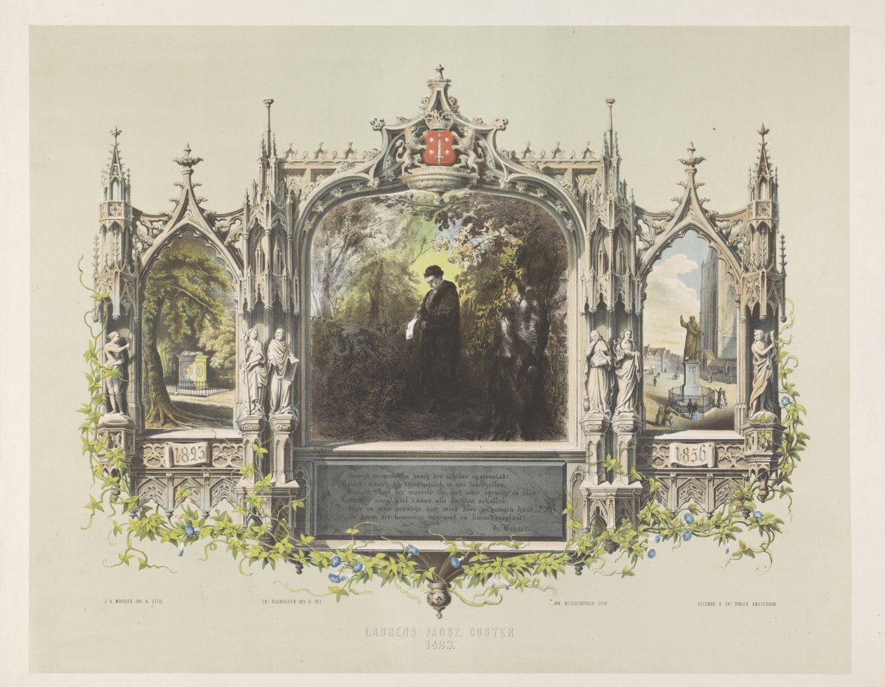 Minnesplakett för Laurens Coster vid festligheterna kring avtäckningen av statyn i Haarlem, 1856 Laurens Jansz. Coster 1423 (titel på objekt) av Jan Weissenbruch