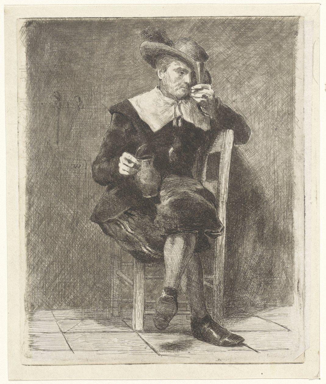Man med kanna och glas på en stol av Jan Weissenbruch