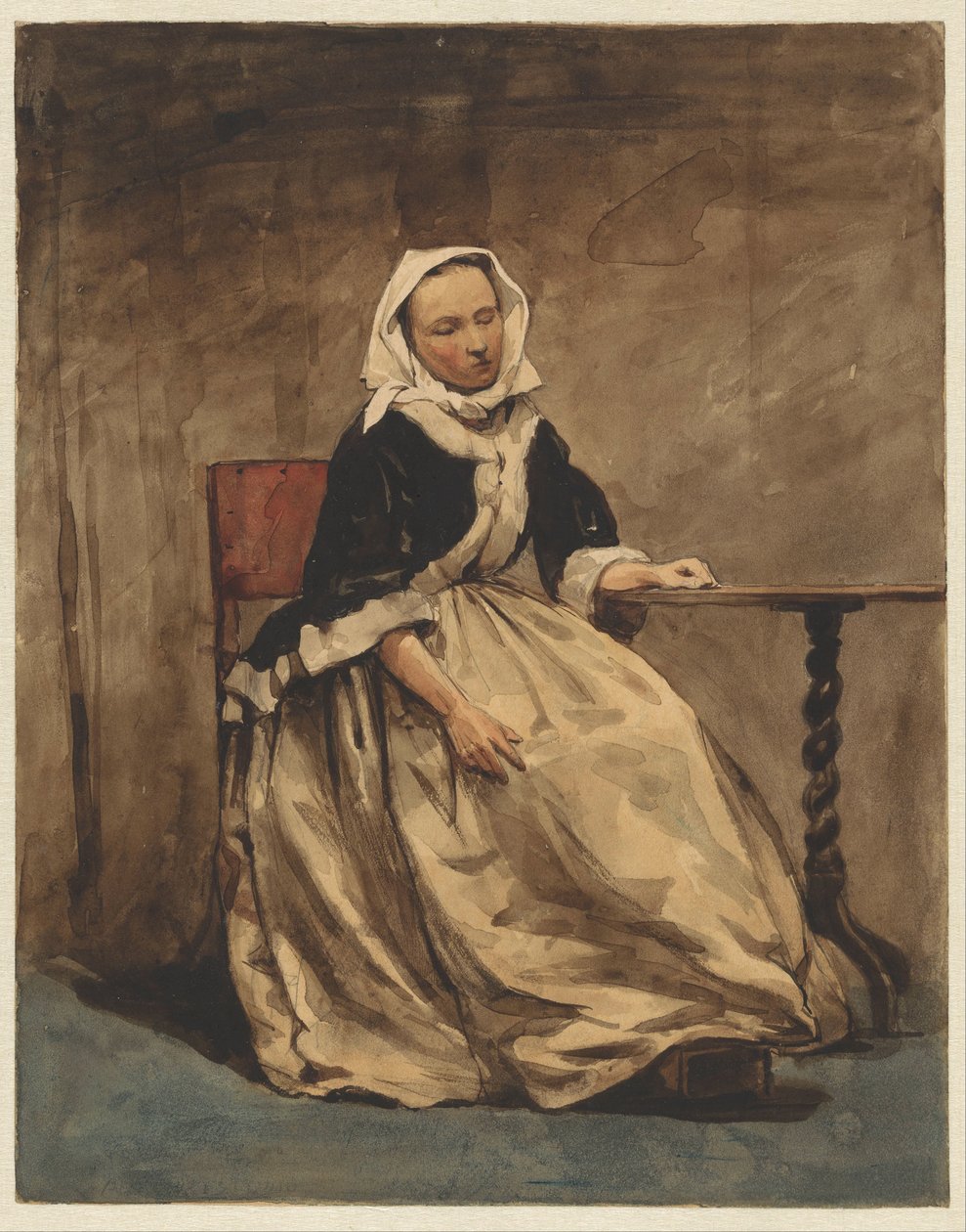 Kvinna som sitter bredvid ett litet bord av Jan Weissenbruch