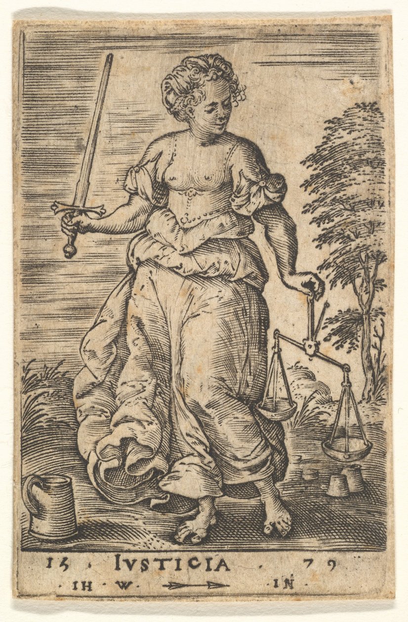 Justice, en allegorisk figur som håller en balans i sin vänstra hand och ett svärd i sin högra..., 1579. av Jan Wierix