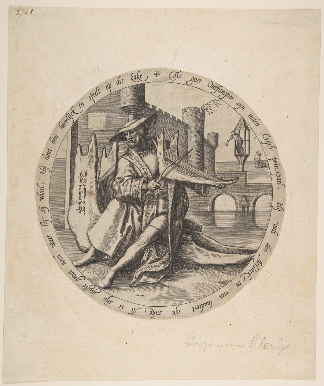 Den rike mannen spelar fiol på ett käkben, ca. 1568. av Jan Wierix