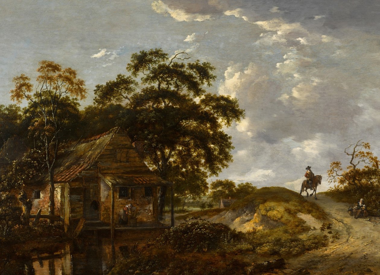Landskap med en stuga vid en flod och en kvinna som sköljer en kruka, en herre till häst på en stig av Jan Wijnants