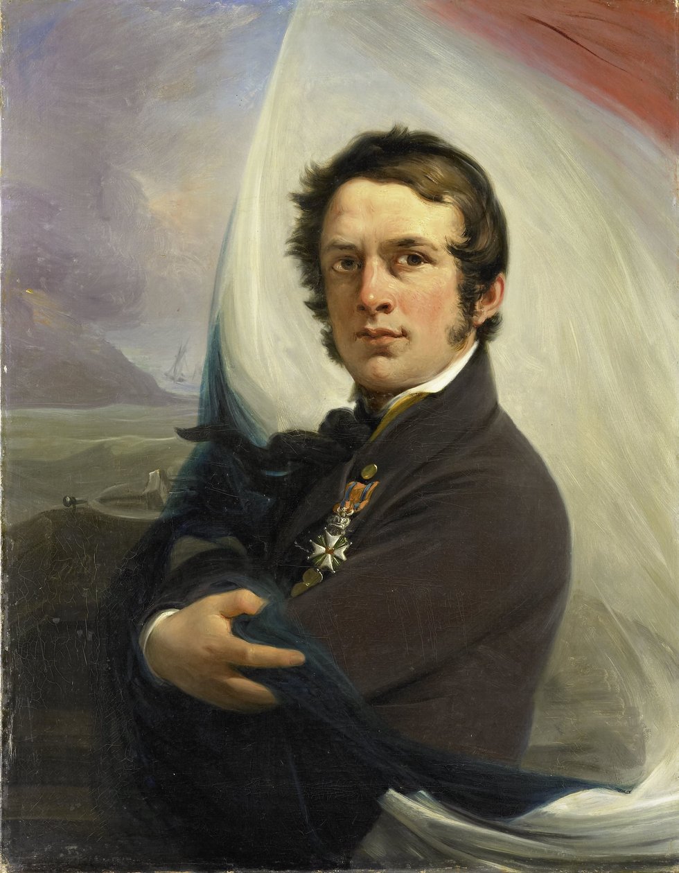 Porträtt av Jacob Hobein, räddade den holländska flaggan under fiendens eld, 18 mars 1831 av Jan Willem Pieneman (signed by artist)