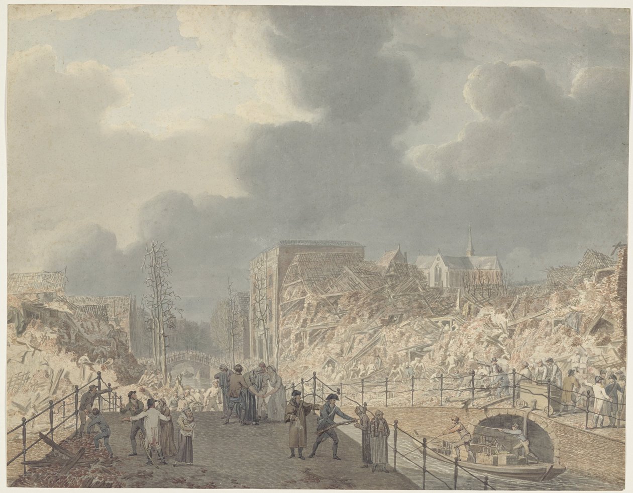 Utsikt över ruinerna på Rapenburg i Leiden efter explosionen av krutfartyget den 12 januari 1807 av Jan Willem Pieneman