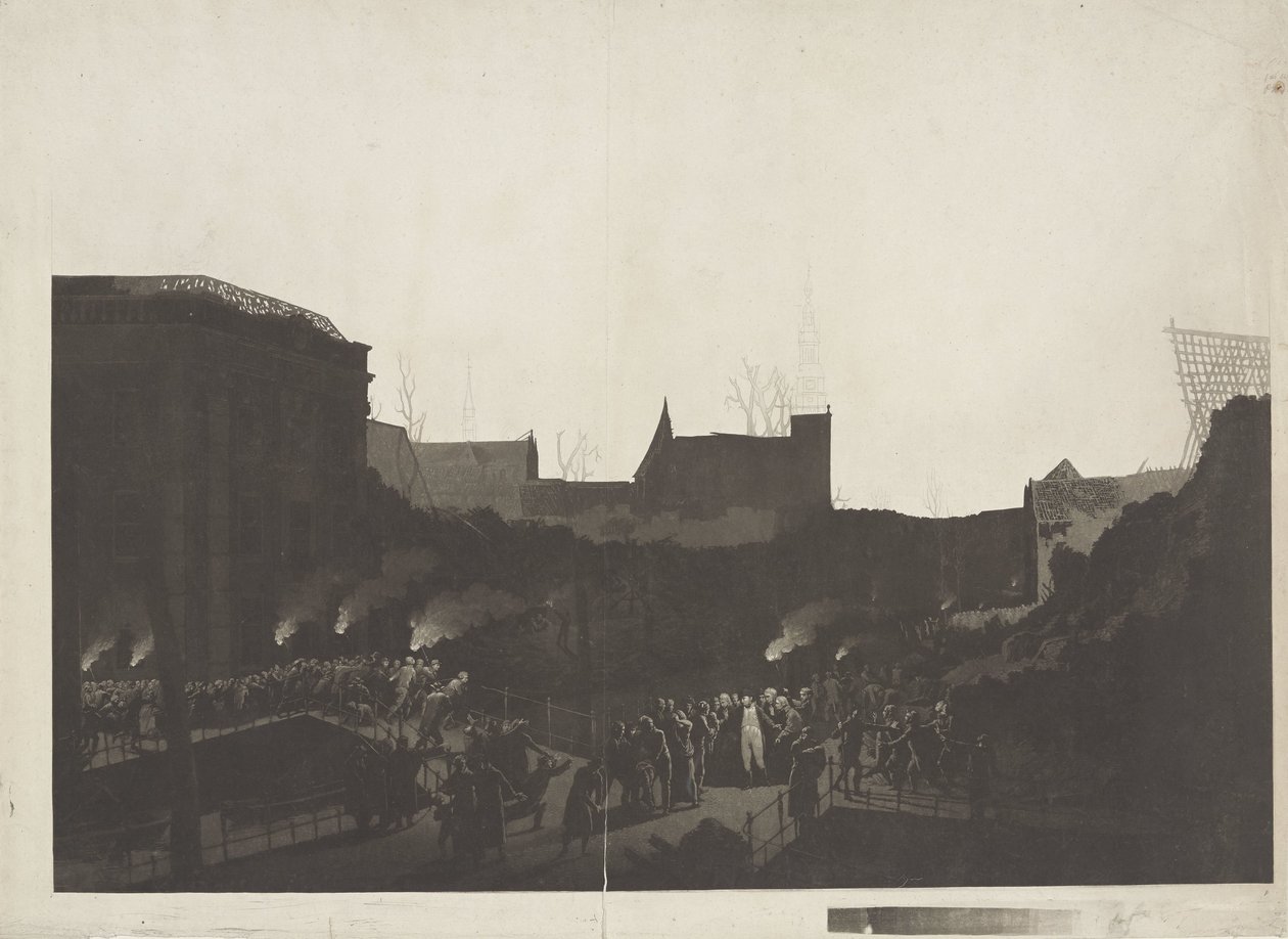 Lodewijk Napoleon besöker ruinerna på Rapenburg i Leiden efter explosionen av krutskeppet den 12 januari 1807 av Jan Willem Pieneman