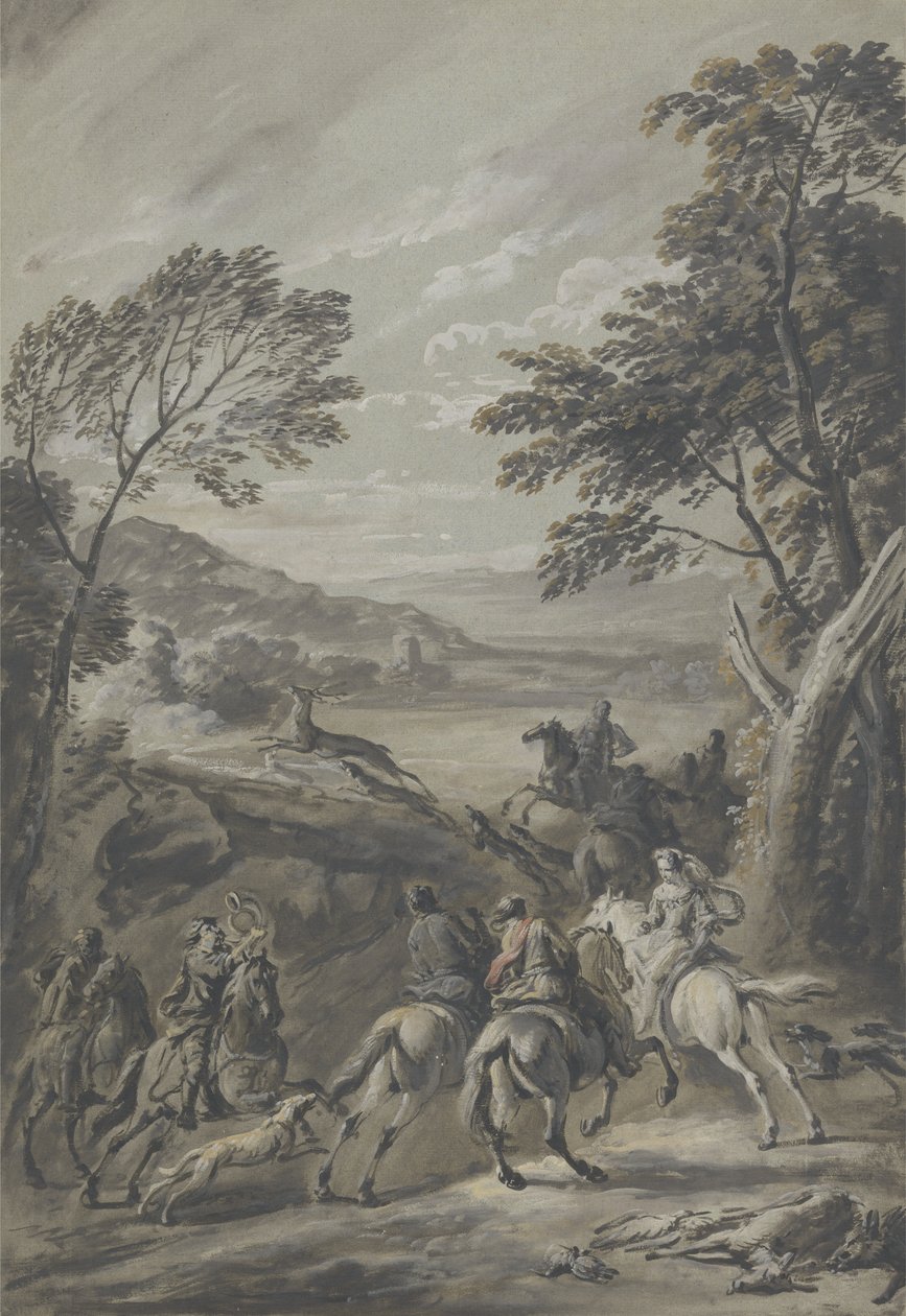 En Staghunt (brun tvätt med gouache i papper) av Jan Wyck