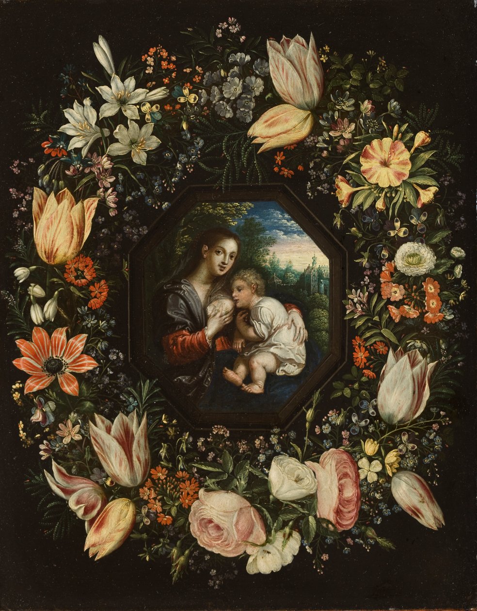 Madonna och barn i en krans av blommor, ca 1625 (olja på koppar) av Jan and Balen, Hendrik van Brueghel