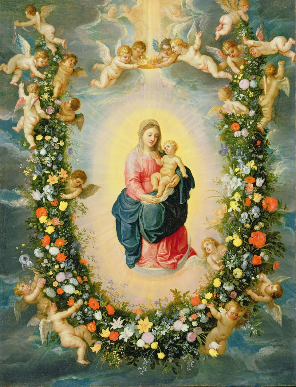 Madonnan och barnet i blomsterkrans (olja på koppar) av Jan and Balen, Hendrik van Brueghel