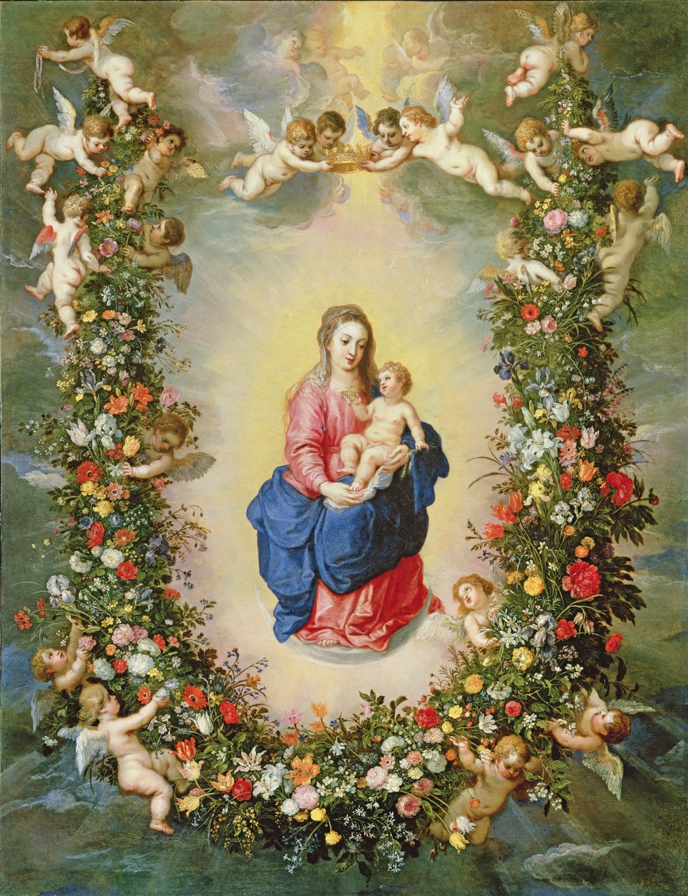 Jungfrun och barnet omgiven av en krans av blommor som hålls uppe av keruber, ca 1624 (olja på koppar) av Jan and Balen, Hendrik van Brueghel