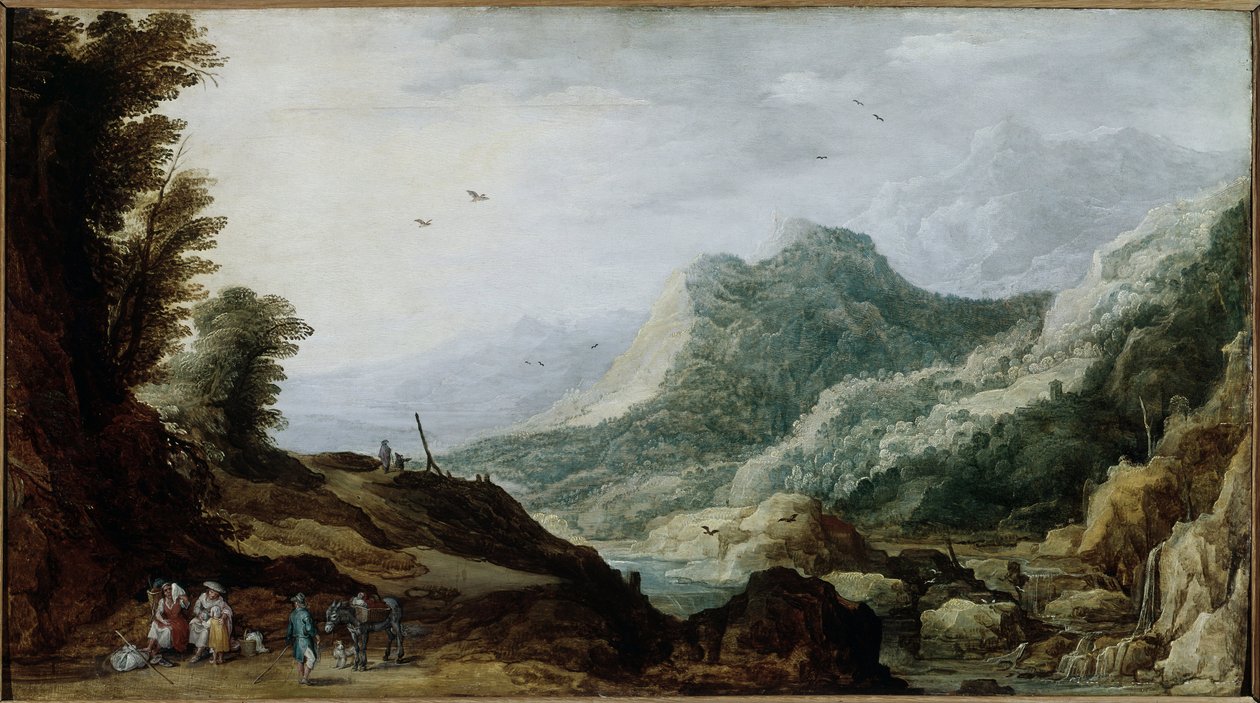 Bergslandskap med en bondfamilj vid vägkanten (Målning, ca 1620-1630) av Jan and Momper Joos de  Brueghel