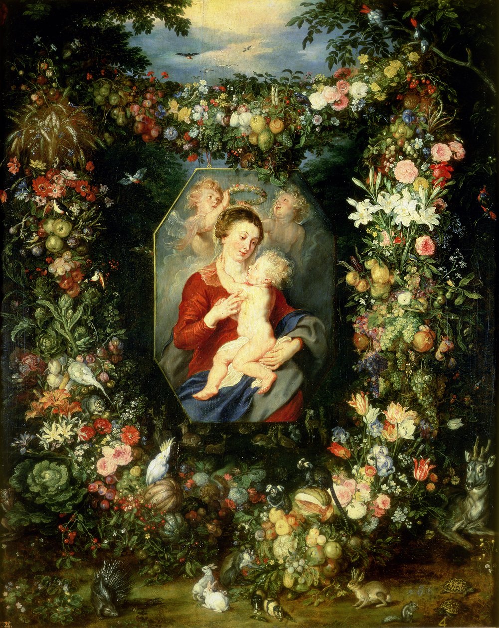 Jungfrun och barnet i en krans av frukt och blommor, c.1614-18 av Jan and Rubens, P.P. Brueghel