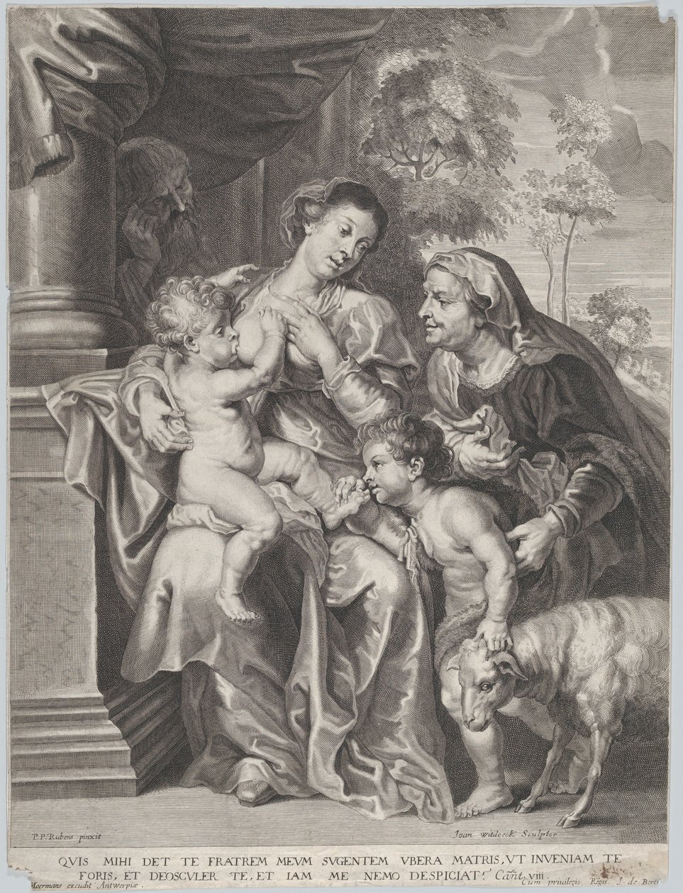 Den heliga familjen med Elisabet och spädbarnet Johannes döparen, jungfrun som ammar spädbarnet Kristus, ca 1635-42 av Jan Witdoek