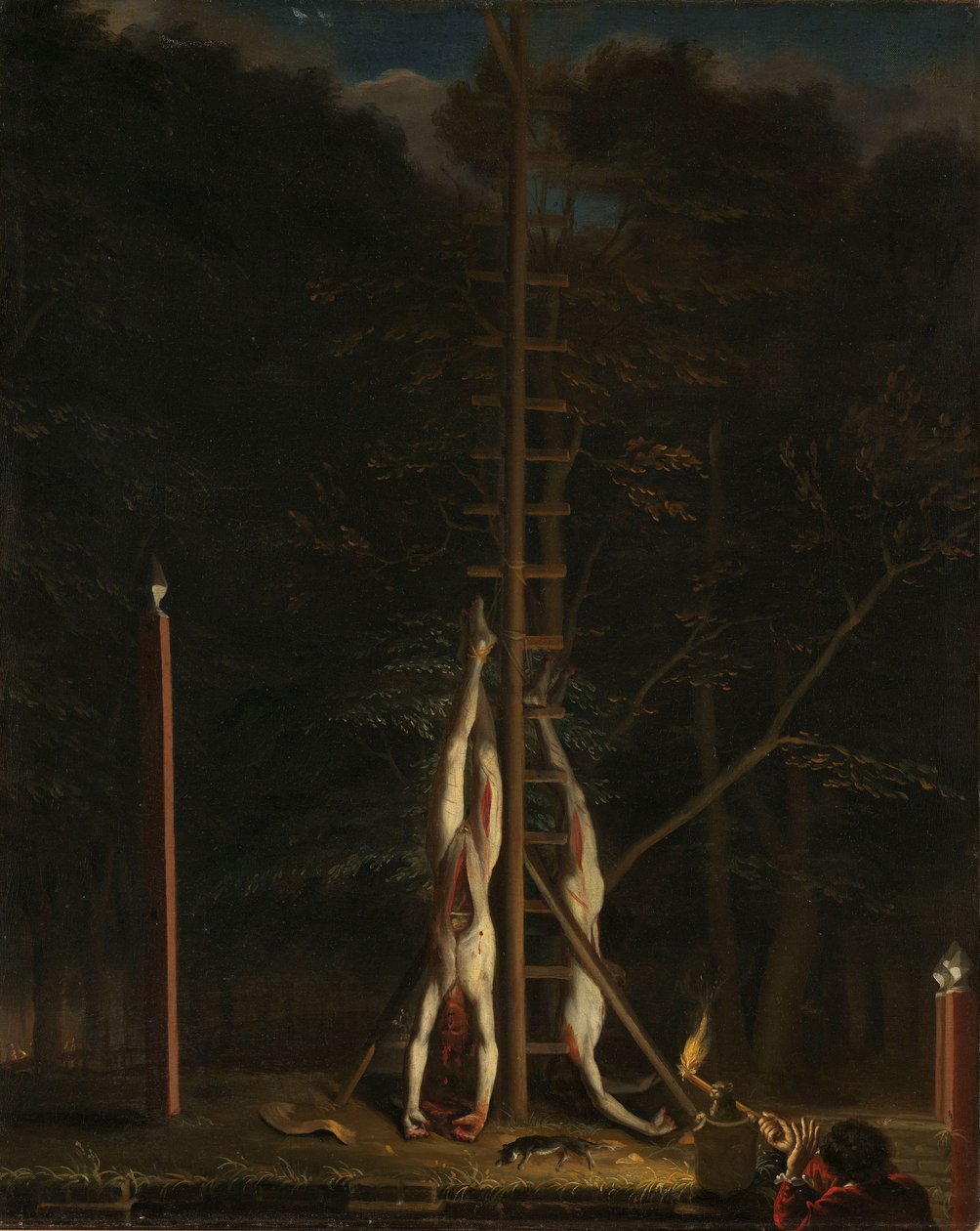De Witt-brödernas lik The Corpses of the Witt Brothers, Jan and Cornelis, Hanging on the Groene Zoodje on the Vijverberg, Haag, 1672 av Jan de Baen (attributed to)
