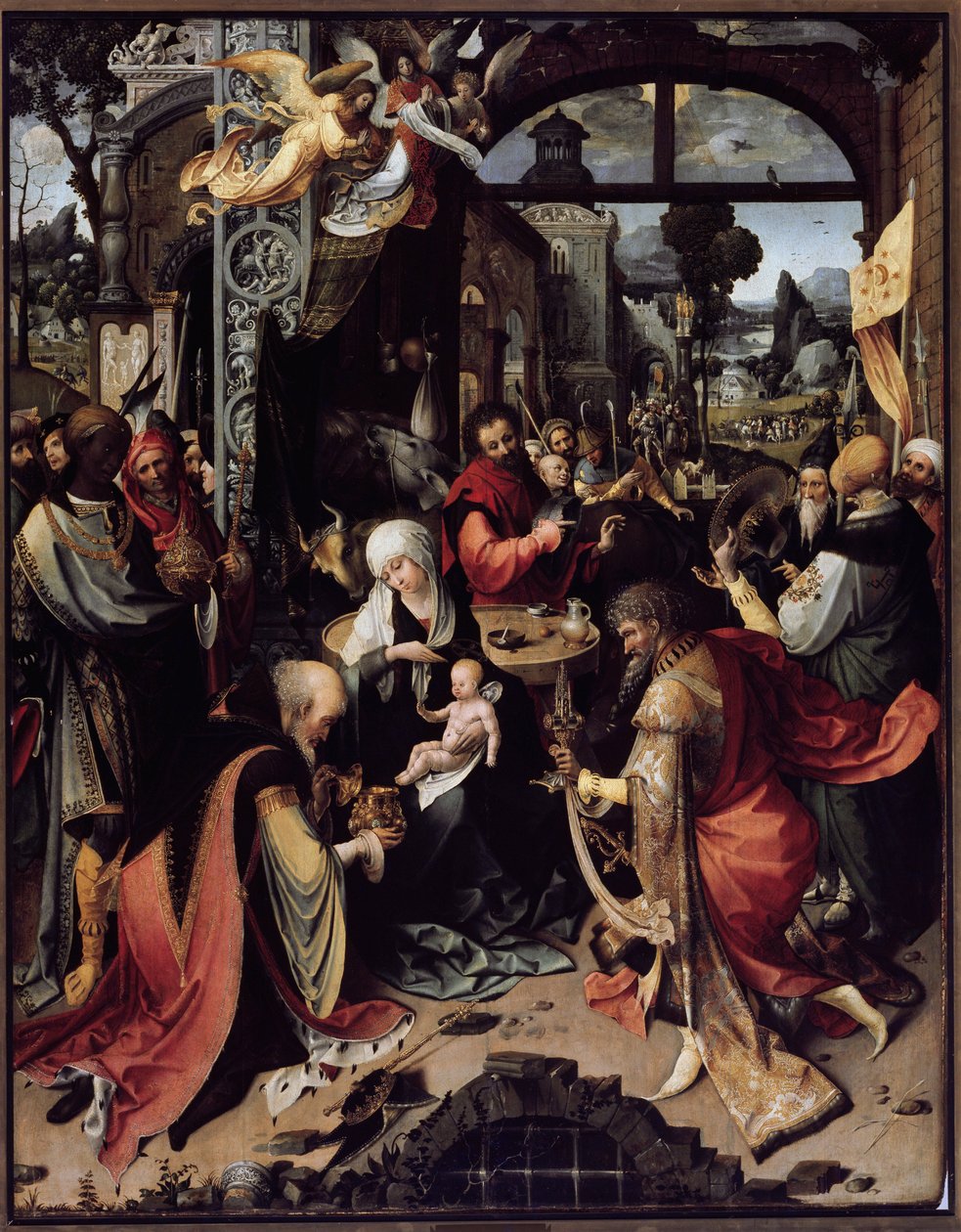 Magiernas tillbedjan (Central panel) (olja på panel, cirka 1520) av Jan de Beer