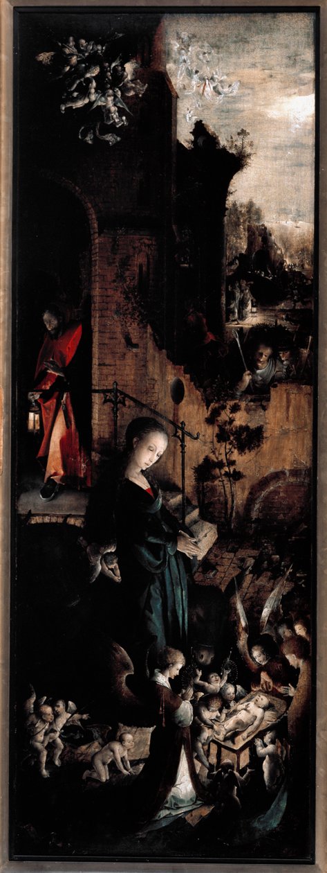 Triptych of Adoration of the Magi: the Nativity (höger panel) (Olja på valnötspanel av Jan de Beer