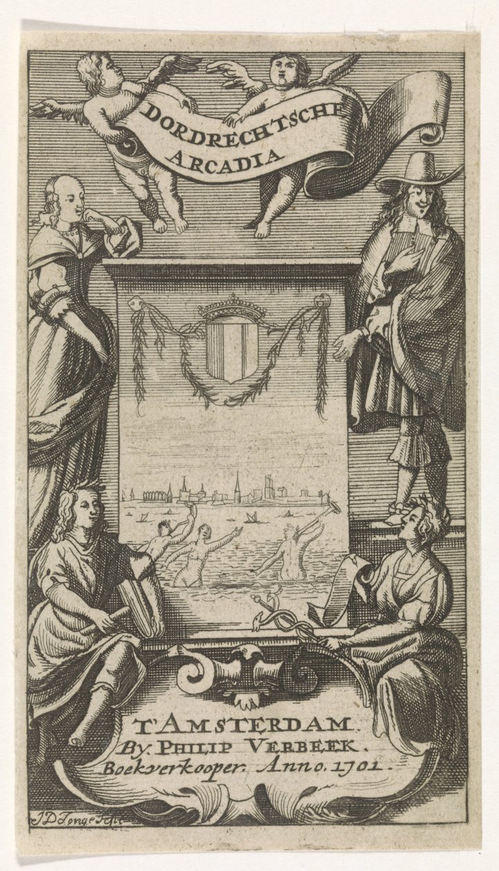 Fyra figurer runt ram med utsikt över Dordrecht Titelsida för: Dordrechtsche Arcadia, 1701 av Jan de Jonge