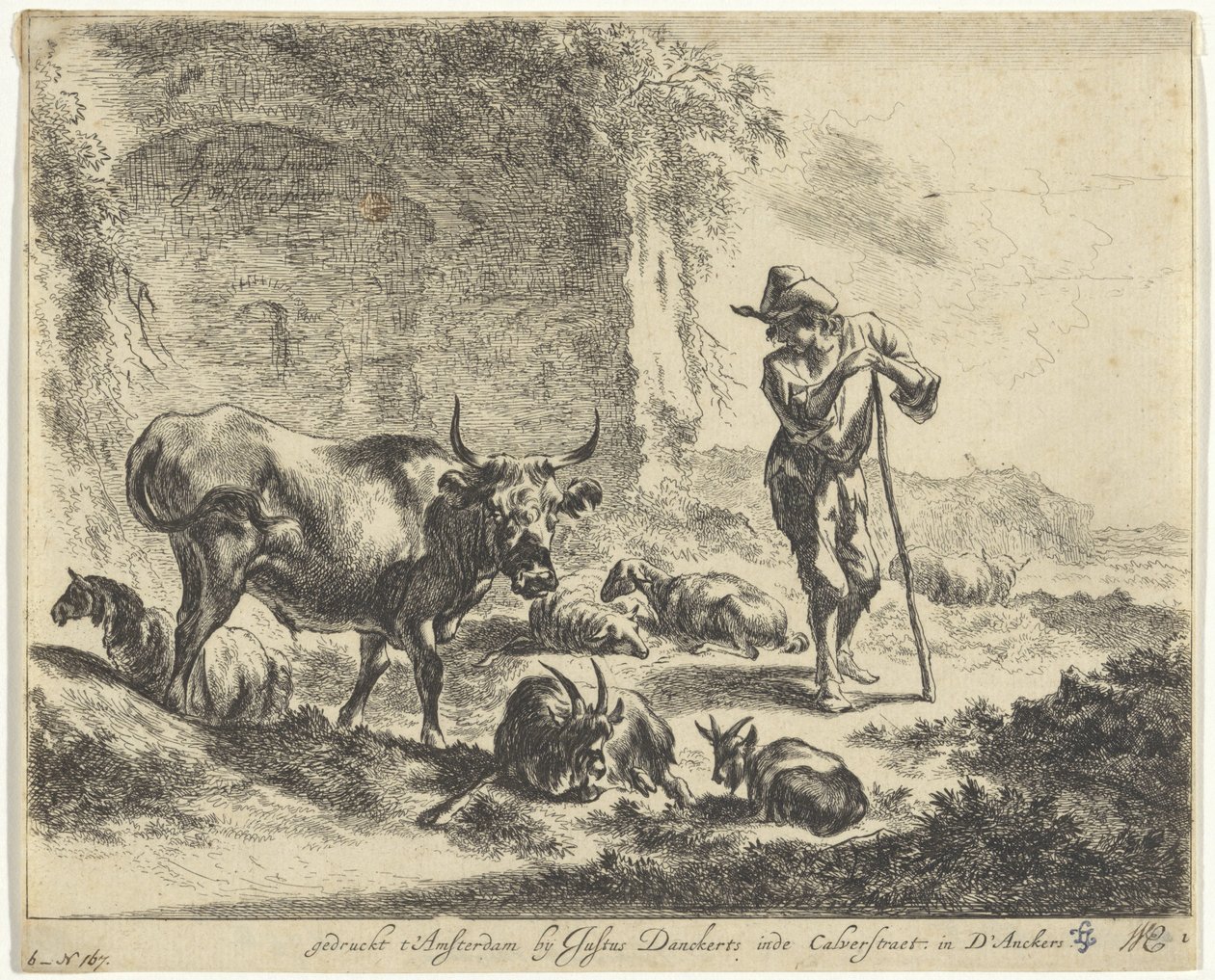 Herde vilar på sin stav vid en ruin Landskap med herdar och boskap (serietitel) av Jan de Visscher