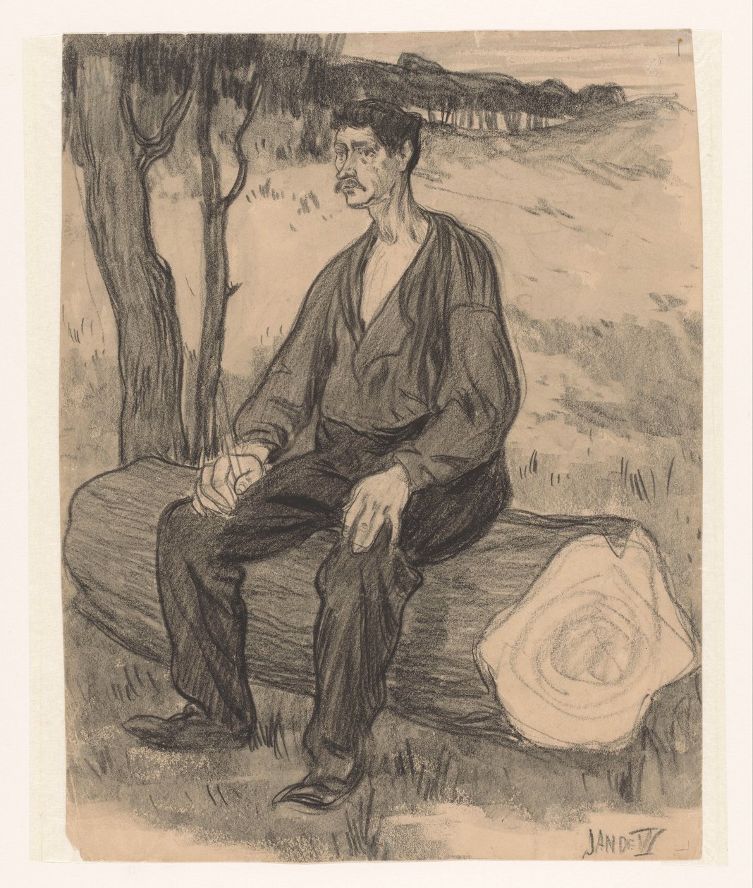 Man sitter på trädstam av Jan de Waardt (signed by artist)