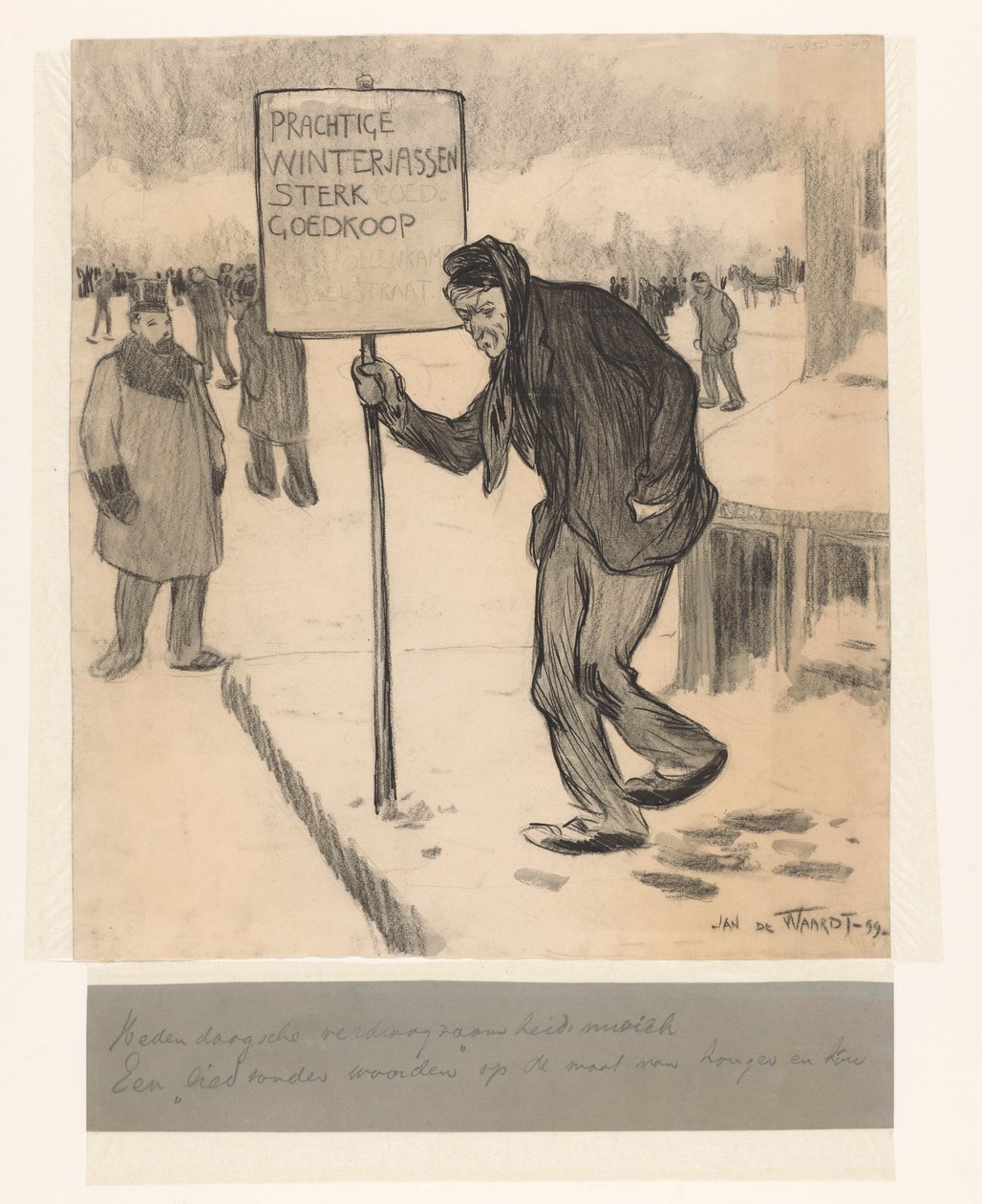 Gatuförsäljare med skylt Vackra vinterrockar mycket billiga av Jan de Waardt (signed by artist)