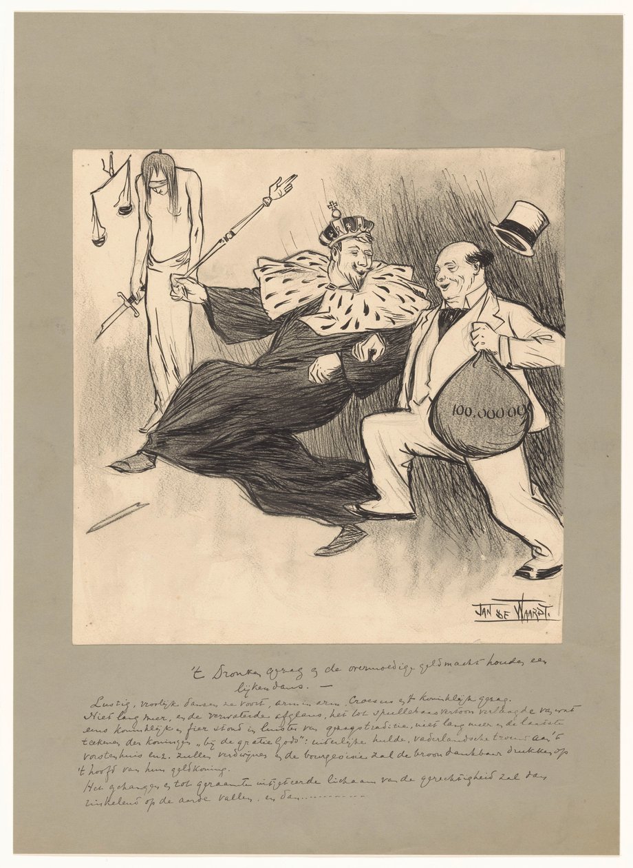 Den berusade auktoriteten och den övermodiga penningmakten håller en likdans (titel på objekt) av Jan de Waardt (signed by artist)