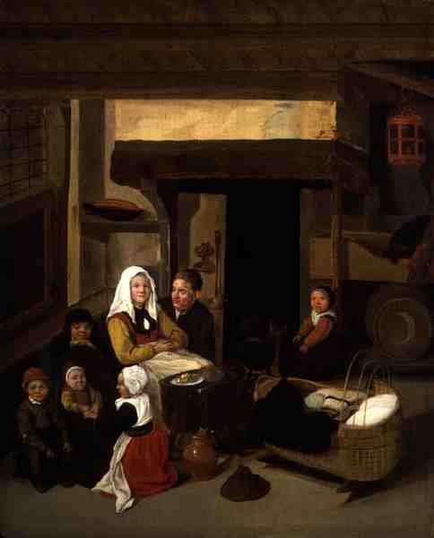 En familjeinteriör i en lada (olja på panel) av Jan or Johannes Hals