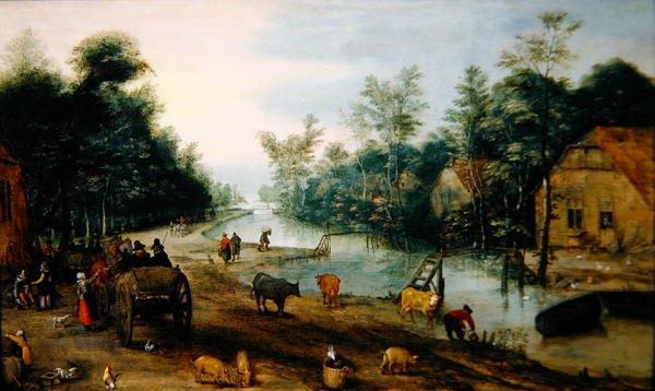 Ett skogigt flodlandskap på sommaren med resenärer som anländer till ett värdshus (olja på panel) av Jan the Elder (circle of) Brueghel