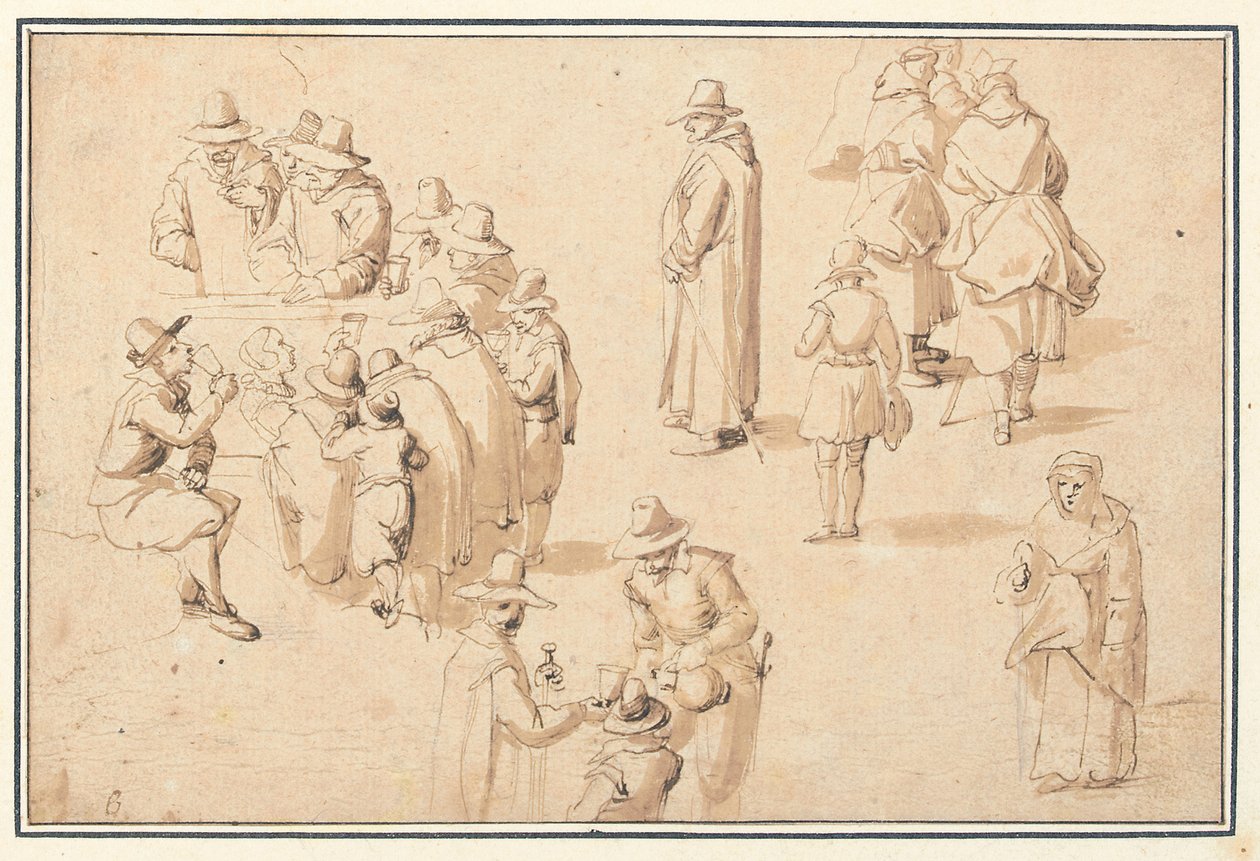 En fontän på Spa med studier av eleganta figurer som tar vattnet och av två munkar och en präst av Jan the Elder Brueghel