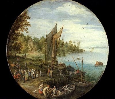 En trädbevuxen mynning med en färja (olja på panel) av Jan the Elder Brueghel