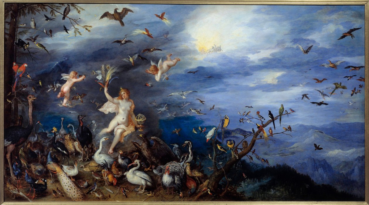 Allegory of the Air Ung naken kvinna omgiven av alla fågelarter. Målning av Jan Brueghel Le Vieux kallar Brueghel de Velours (Brueghel eller Brueghel av Jan the Elder Brueghel