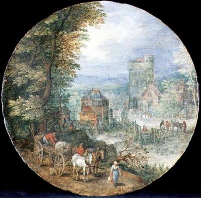 Ett vidsträckt skogslandskap med stad, kvarn och bönder av Jan the Elder Brueghel