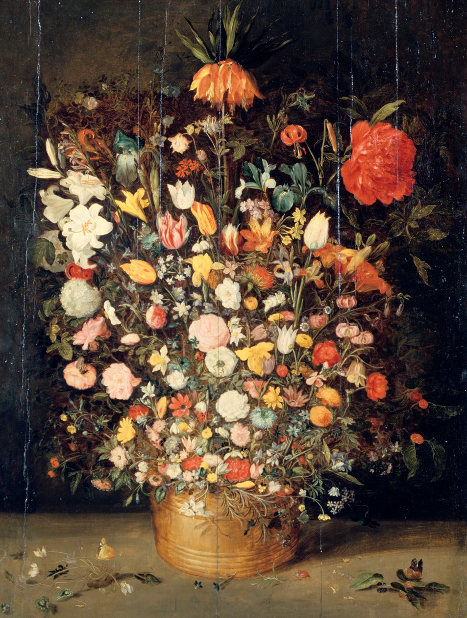 Bukett av blommor i en trävas, 1603 av Jan the Elder Brueghel