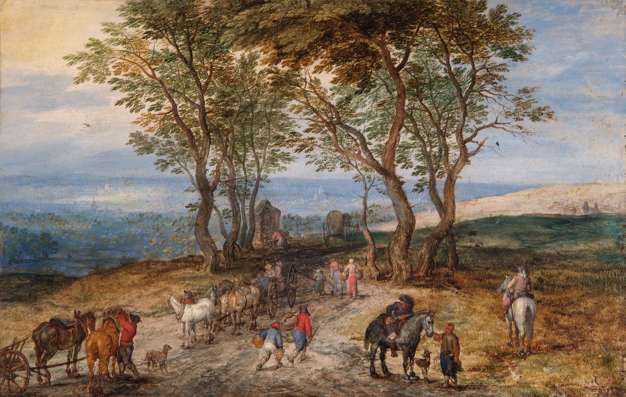 Landsvägsscen med figurer: A Man Praying at a Shrine, ca 1610 (olja på koppar) av Jan the Elder Brueghel