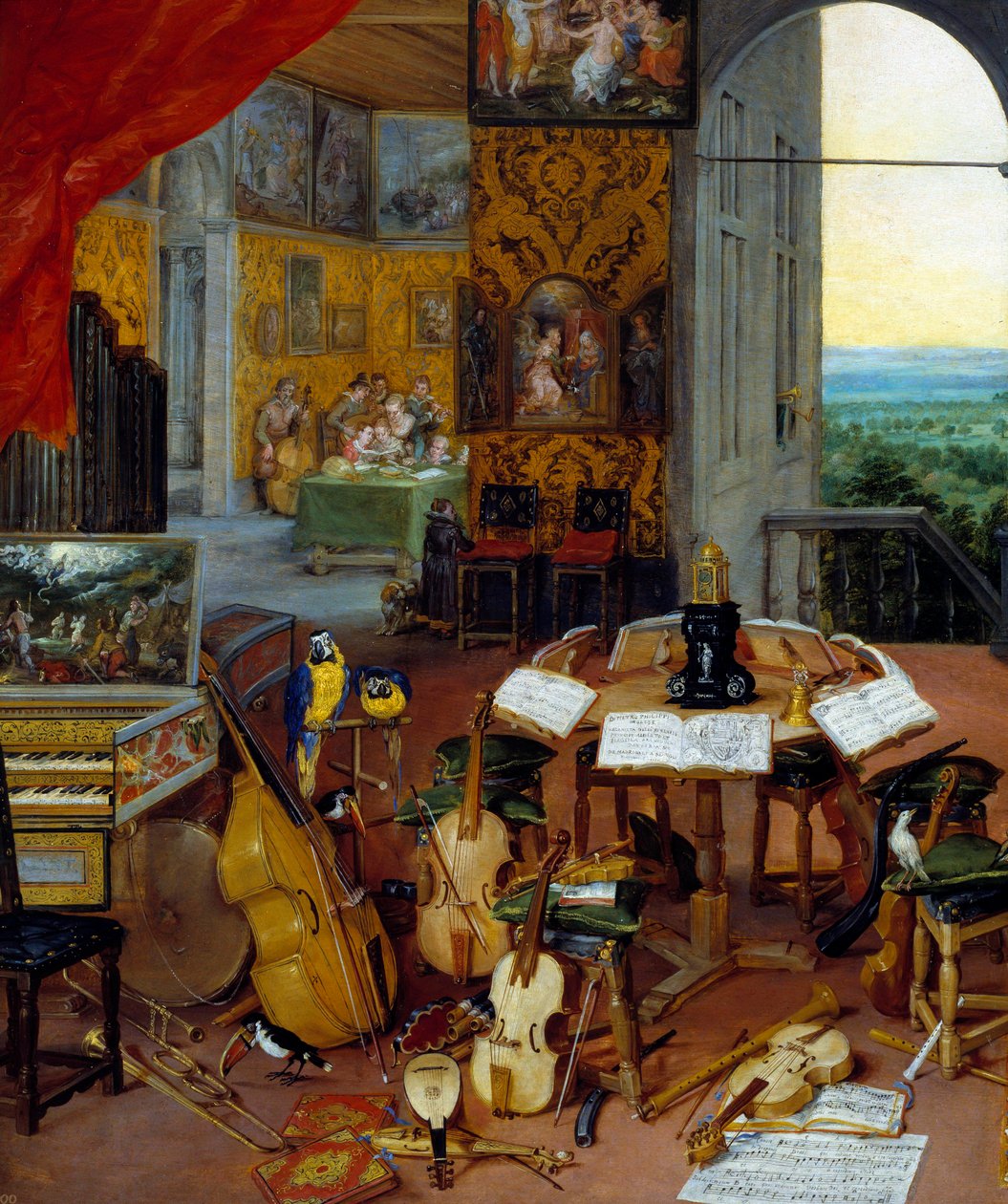 Detaljförhör som representerar musikinstrument (cello, fiol, luta, flöjt, cembalo). Målning av Jan Brueghel Le Vieux kallar Brueghel de Velours (Brueghel eller Brueghel av Jan the Elder Brueghel