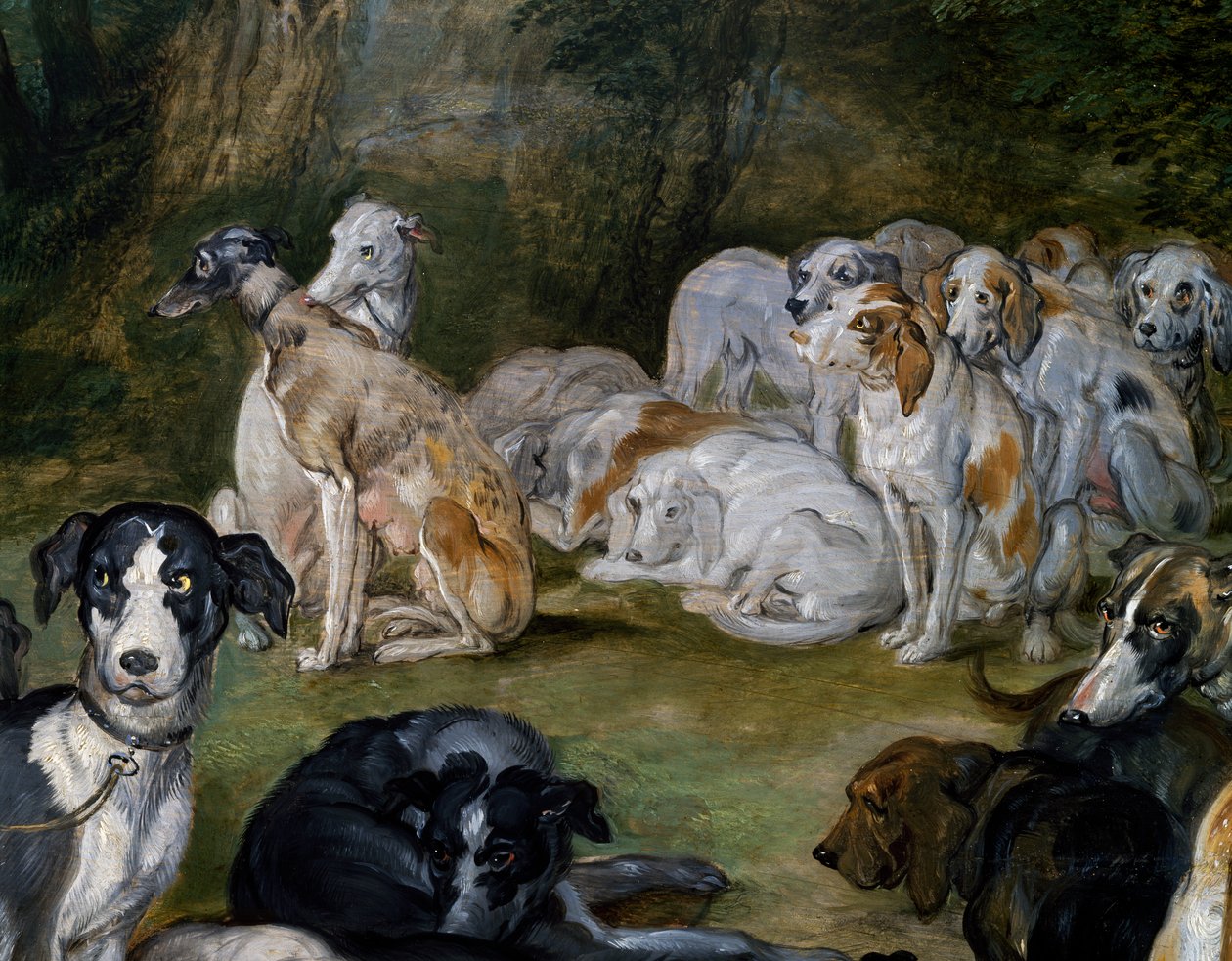 Hundar, detalj från Diana och Nymphs på väg att lämna av Jan the Elder Brueghel