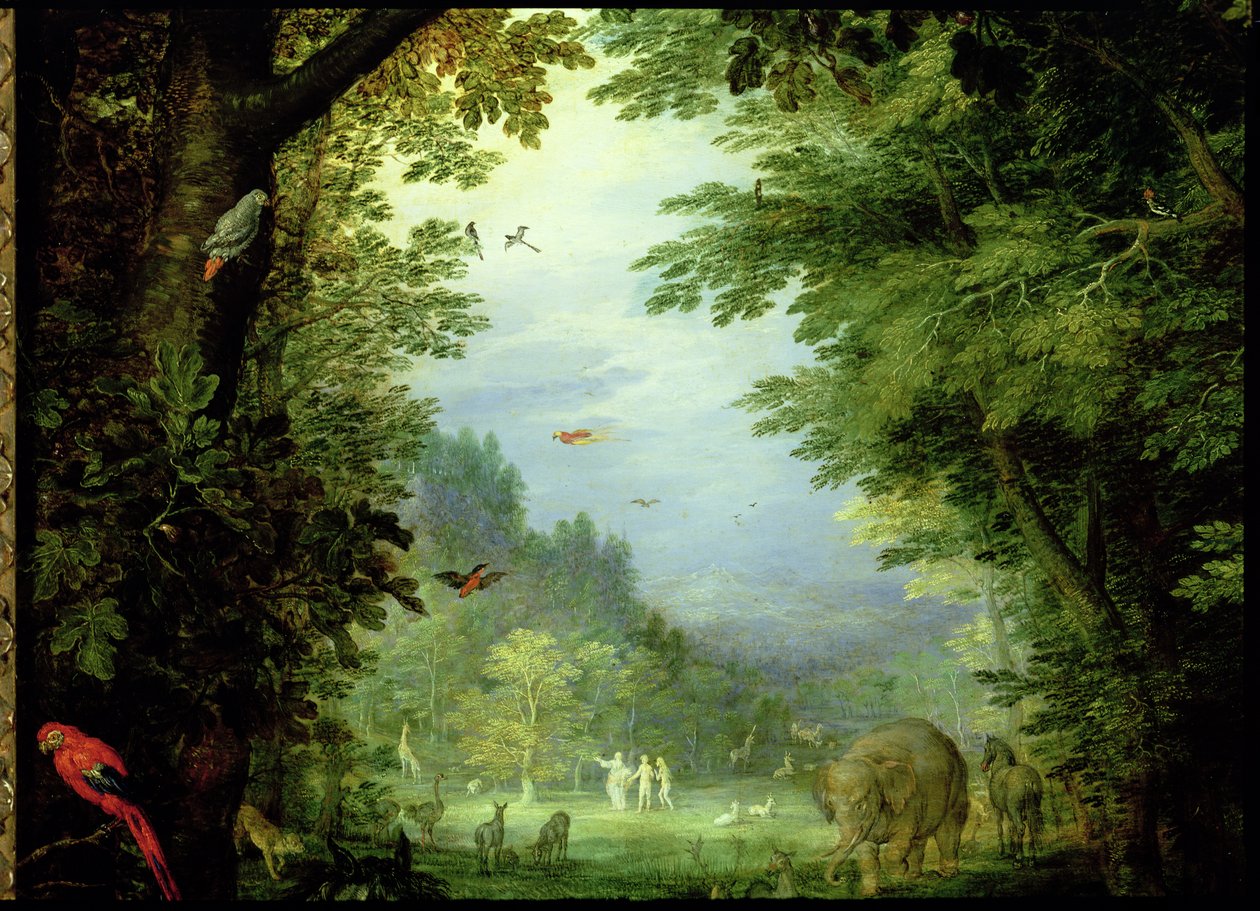 Jorden eller det jordiska paradiset, detalj av Adam och Eva med Gud och andra djur, 1607-08 olja på koppardetalj av 93899 av Jan the Elder Brueghel