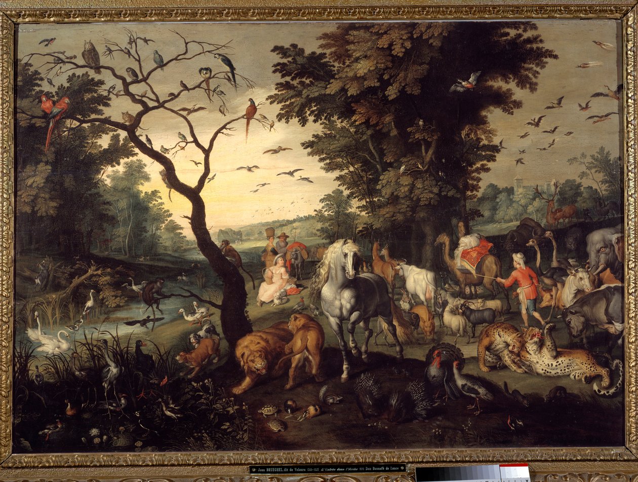 Ingång till arken Djur går in i Noes ark före syndafloden. Målning av Jan Brueghel den äldre kallar Brueghel de Velours av Jan the Elder Brueghel