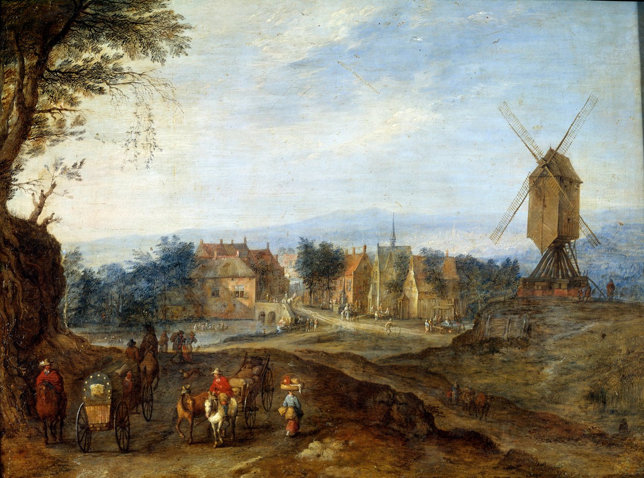 Landskap vid väderkvarnen Målning av Jan Breugel Le Vieux kallar Bruegel de Velours (Brueghel eller Breughel av Jan the Elder Brueghel