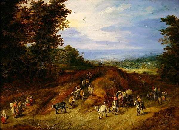 Landskap med bönder, vagnar och djur (olja på koppar) av Jan the Elder Brueghel