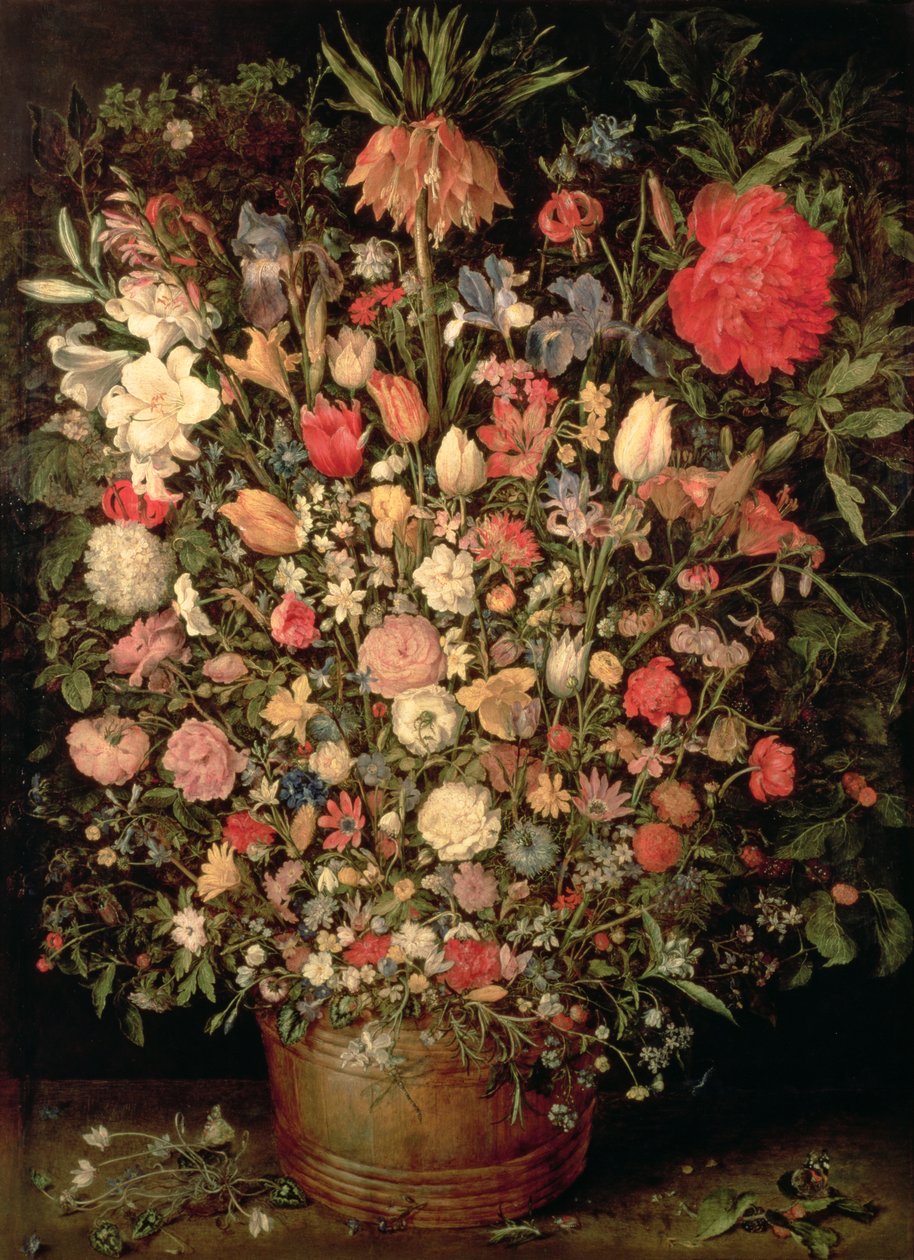 Stor bukett blommor i en träbalja av Jan the Elder Brueghel