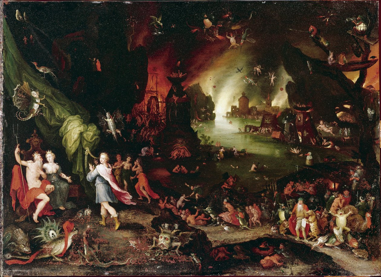 Orpheus in the Underworld Målning av Jan Brueghel Le Vieux kallar Bruegel de Velours (Brueghel eller Breughel av Jan the Elder Brueghel