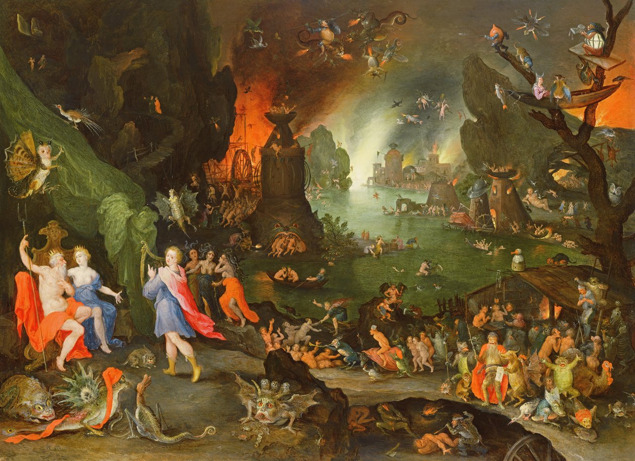 Orpheus med en harpa som spelar till Pluto och Persephone i underjorden av Jan the Elder Brueghel