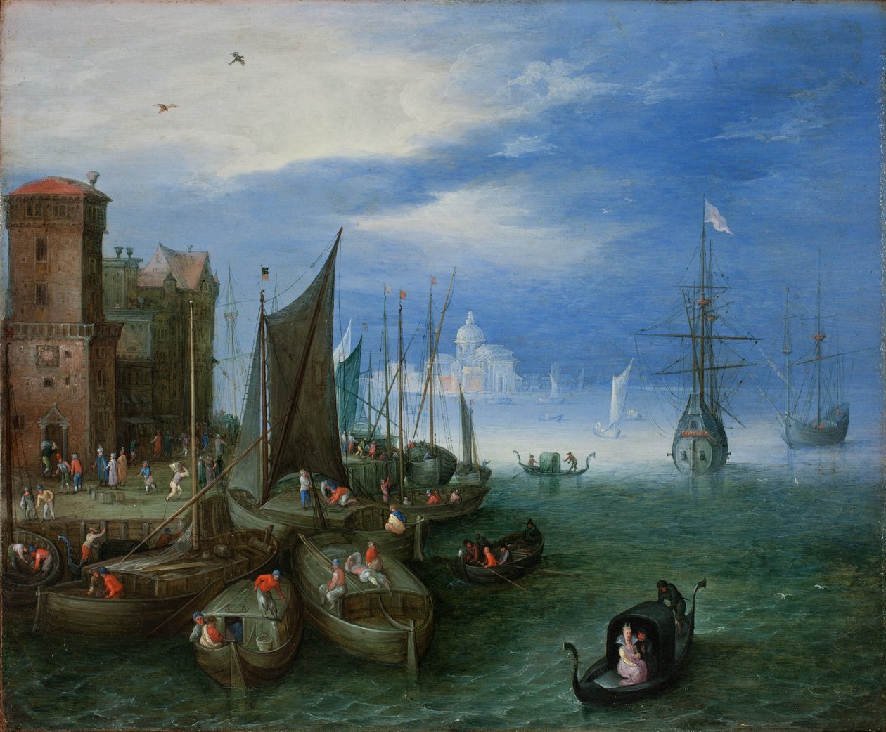 Hamnscenen i Venedig (olja på koppar) av Jan the Elder Brueghel