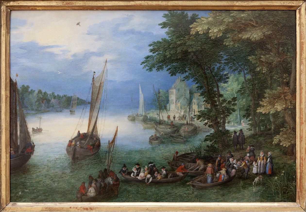 Flodscenen eller barken, Oljemålning på koppar av Jan Brueghel, dit Brueghel de Velours (1568-1625), ca 1605. Mått: 24 x 36 cm. Fotografi, KIM Youngtae, Nantes, Musee des Beaux Arts de Nantes. av Jan the Elder Brueghel