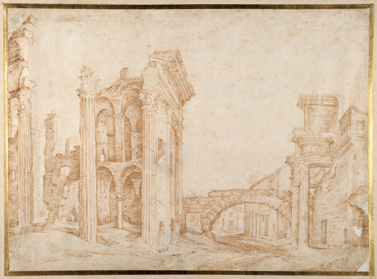 Ruinerna av det antika forumet i Nerva, Rom ("Forum Transiterius") i avståndet från Campanile SS. Quirico och Giuletta (penna och bläck på papper) av Jan the Elder Brueghel
