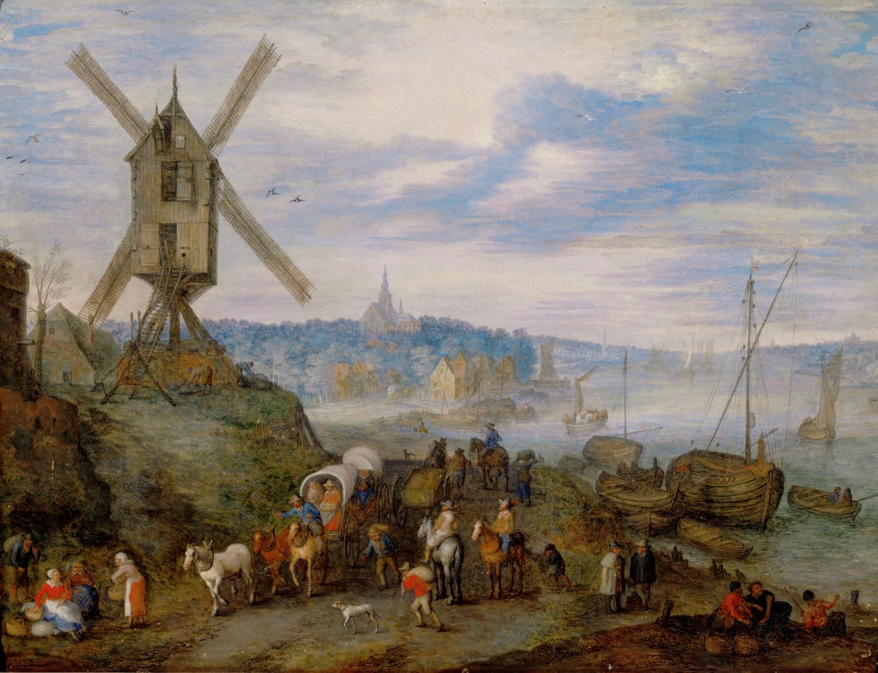 Hamn med väderkvarn ... av Jan the Elder Brueghel