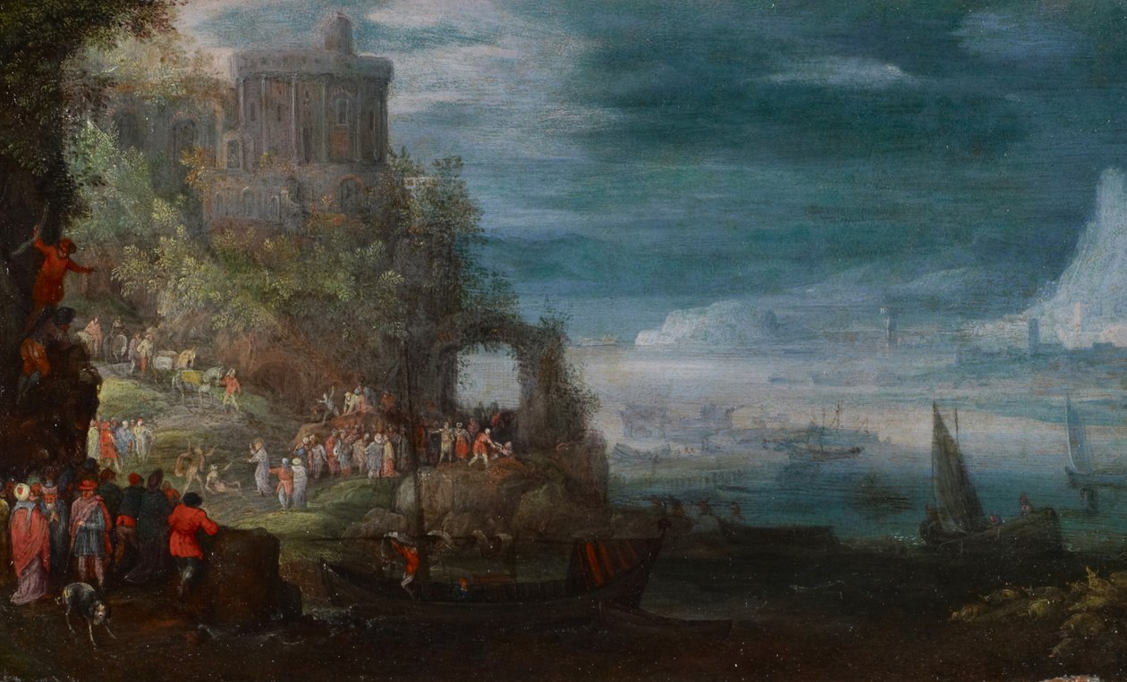 Havslandskap och utdrivning av demoner, ca 1600 av Jan the Elder Brueghel