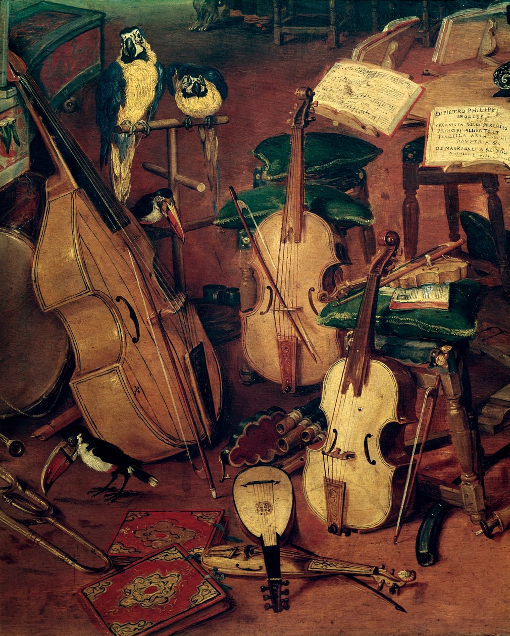 Strängar och papegojor, detalj av allegori om de fem sinnena (Målning av Jan the Elder Brueghel
