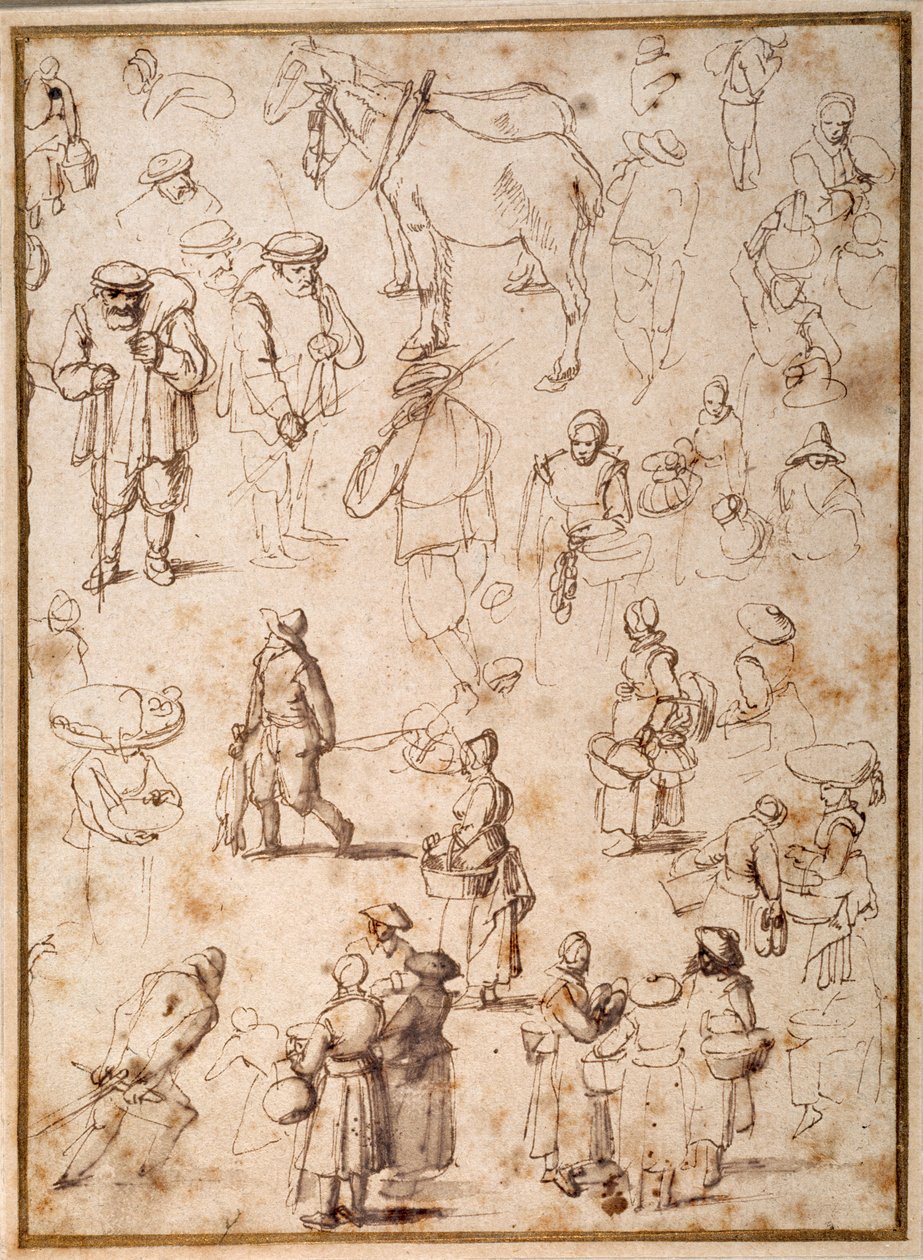 Studier av bönder från livet (penna och bläck med tvätt på papper) av Jan the Elder Brueghel